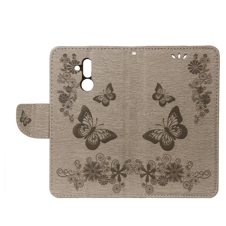 Imprint Butterfly Flower Wallet Leather Cover with Strap for Huawei Mate 20 Lite / Maimang 7 - Grey