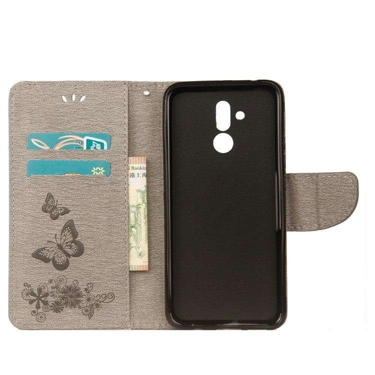 Imprint Butterfly Flower Wallet Leather Cover with Strap for Huawei Mate 20 Lite / Maimang 7 - Grey