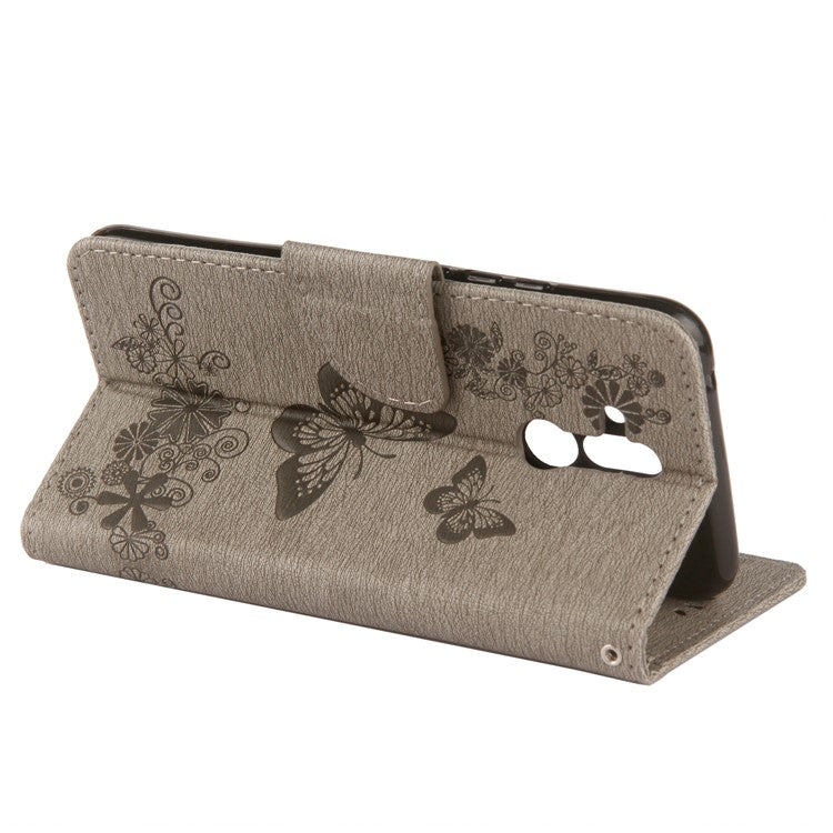 Imprint Butterfly Flower Wallet Leather Cover with Strap for Huawei Mate 20 Lite / Maimang 7 - Grey