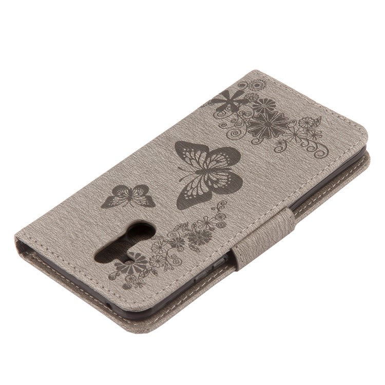 Imprint Butterfly Flower Wallet Leather Cover with Strap for Huawei Mate 20 Lite / Maimang 7 - Grey
