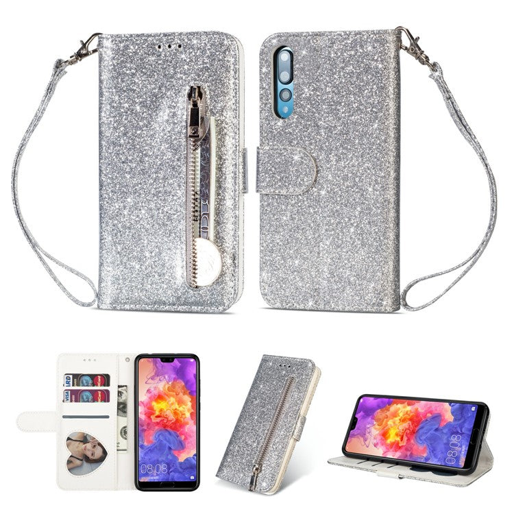 Flash Powder Zippered Stand Leather Wallet Cover with Strap for Huawei P20 Pro - Silver