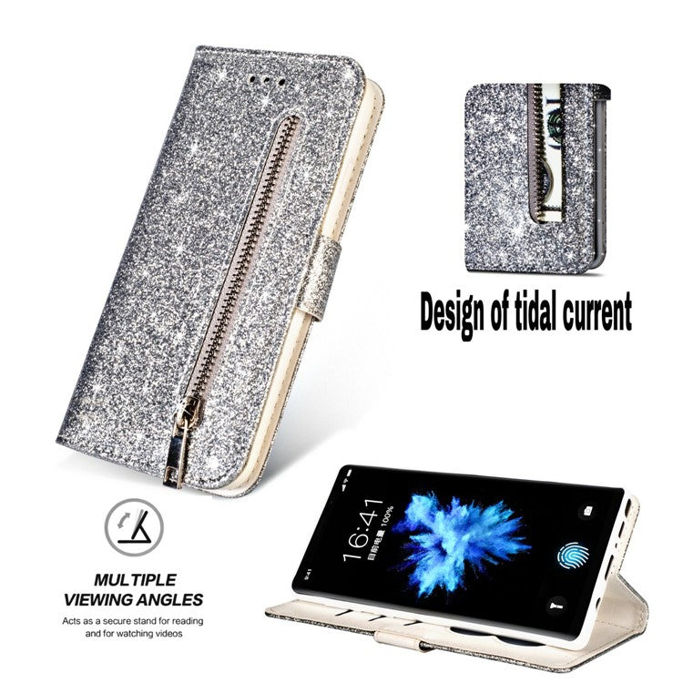 Flash Powder Zippered Stand Leather Wallet Cover with Strap for Huawei P20 Pro - Silver