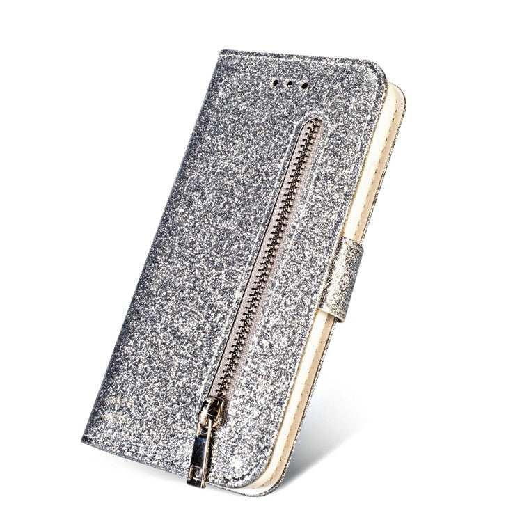 Flash Powder Zippered Stand Leather Wallet Cover with Strap for Huawei P20 Pro - Silver