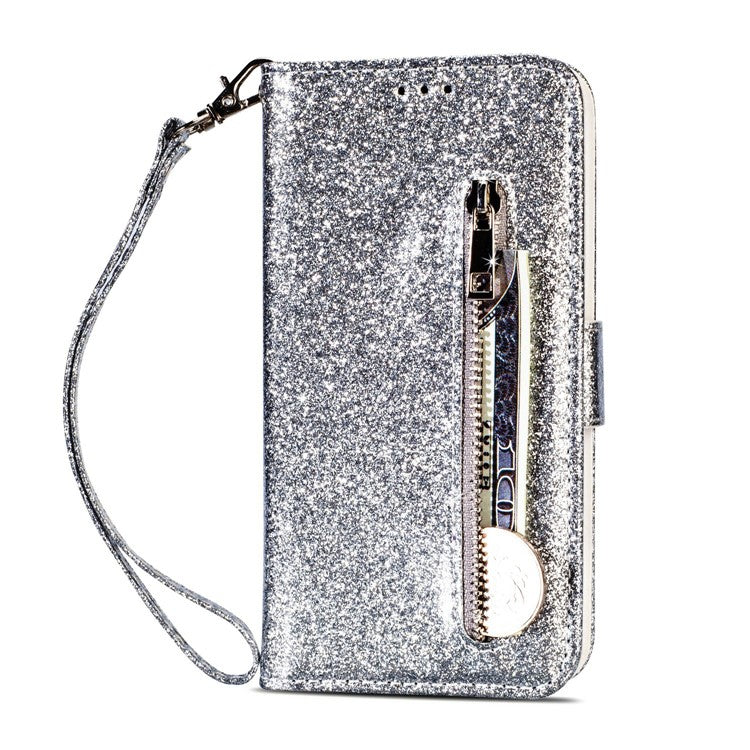 Flash Powder Zippered Stand Leather Wallet Cover with Strap for Huawei P20 Pro - Silver