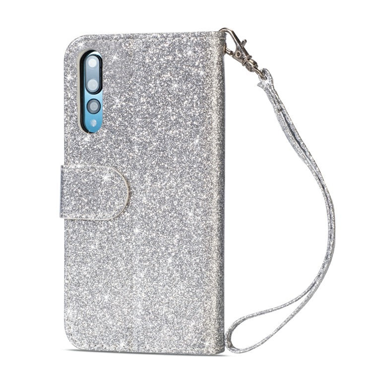 Flash Powder Zippered Stand Leather Wallet Cover with Strap for Huawei P20 Pro - Silver