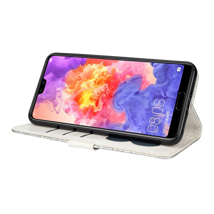 Flash Powder Zippered Stand Leather Wallet Cover with Strap for Huawei P20 Pro - Silver