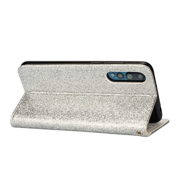 Flash Powder Zippered Stand Leather Wallet Cover with Strap for Huawei P20 Pro - Silver