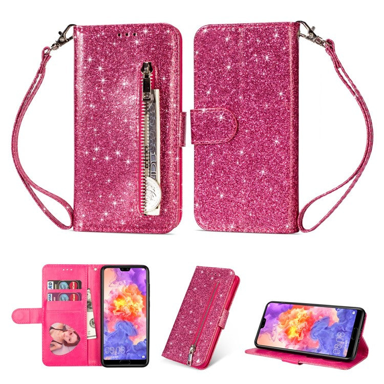 Flash Powder Zippered Stand Leather Wallet Shell with Strap for Huawei P20 Pro - Rose