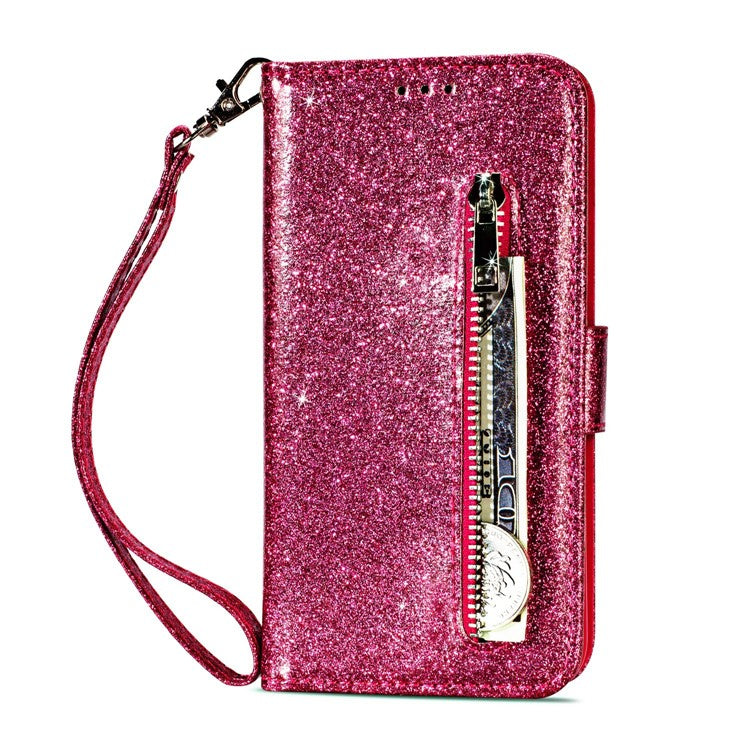 Flash Powder Zippered Stand Leather Wallet Shell with Strap for Huawei P20 Pro - Rose