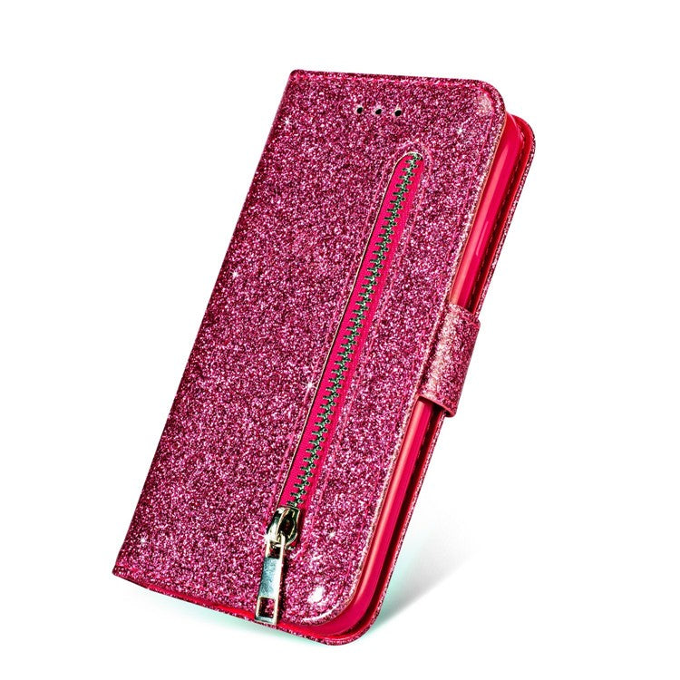 Flash Powder Zippered Stand Leather Wallet Shell with Strap for Huawei P20 Pro - Rose