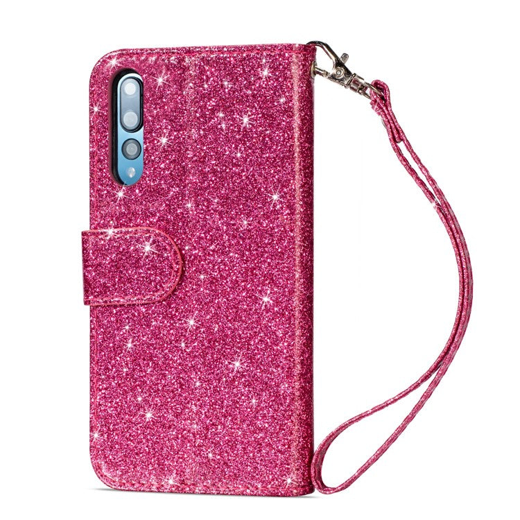 Flash Powder Zippered Stand Leather Wallet Shell with Strap for Huawei P20 Pro - Rose