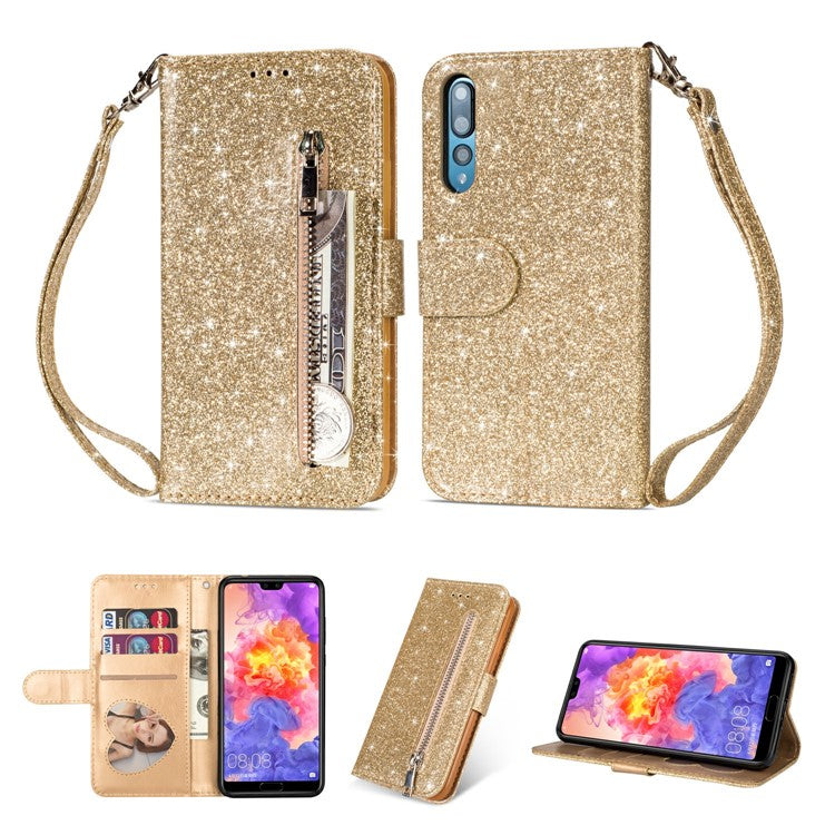Flash Powder Zippered Stand Leather Wallet Cell Phone Case with Strap for Huawei P20 Pro - Gold