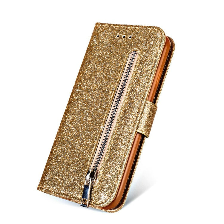 Flash Powder Zippered Stand Leather Wallet Cell Phone Case with Strap for Huawei P20 Pro - Gold