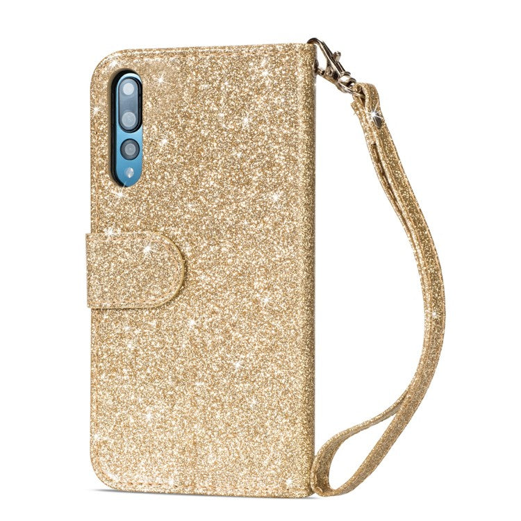 Flash Powder Zippered Stand Leather Wallet Cell Phone Case with Strap for Huawei P20 Pro - Gold