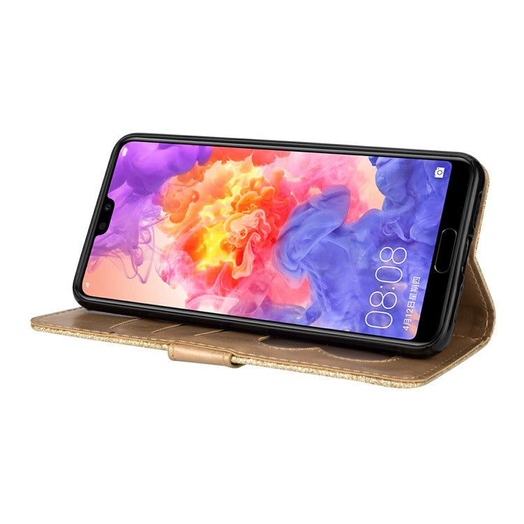 Flash Powder Zippered Stand Leather Wallet Cell Phone Case with Strap for Huawei P20 Pro - Gold