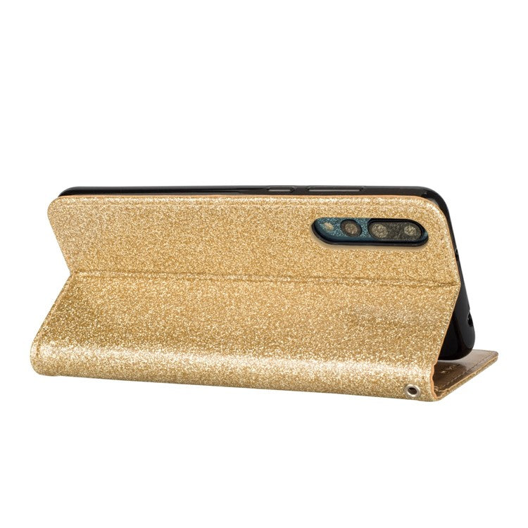 Flash Powder Zippered Stand Leather Wallet Cell Phone Case with Strap for Huawei P20 Pro - Gold