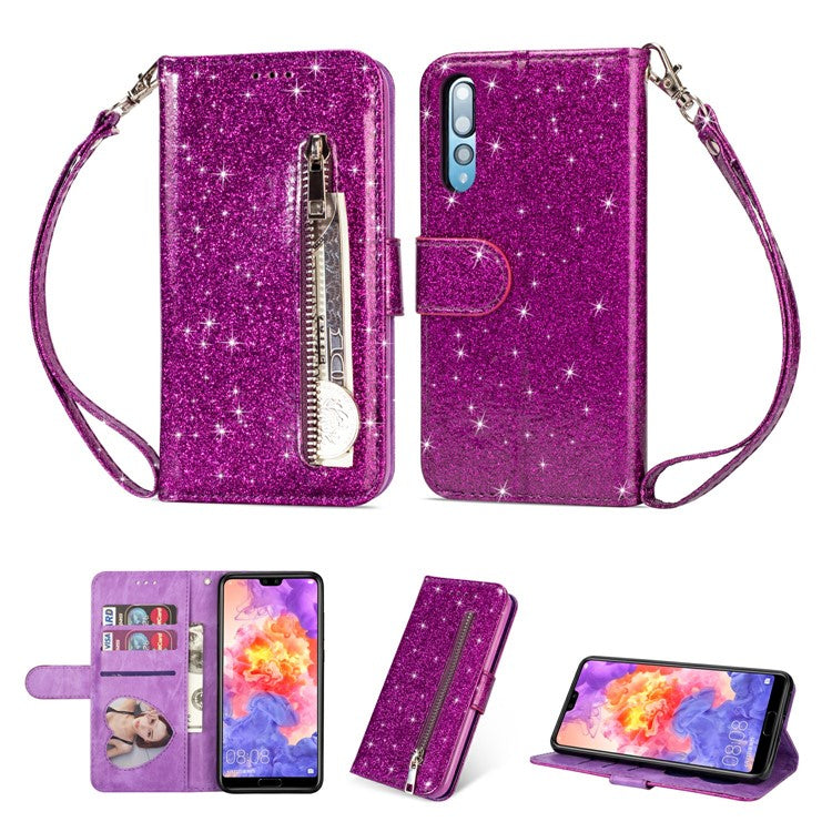 Flash Powder Zippered Stand Leather Wallet Protective Shell with Strap for Huawei P20 Pro - Purple