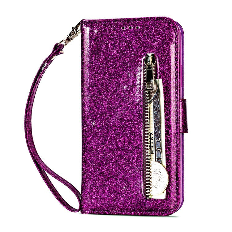 Flash Powder Zippered Stand Leather Wallet Protective Shell with Strap for Huawei P20 Pro - Purple