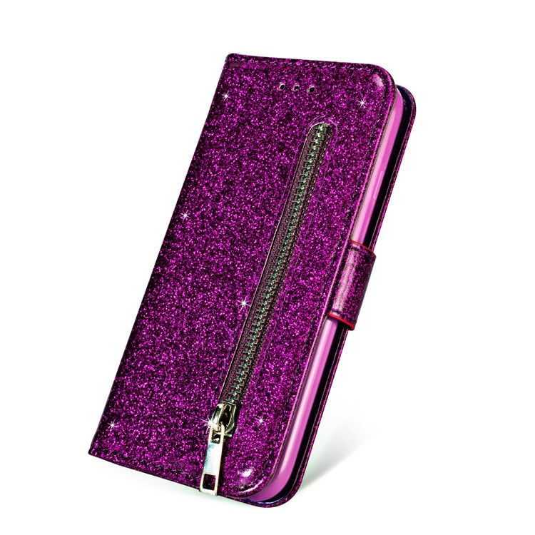 Flash Powder Zippered Stand Leather Wallet Protective Shell with Strap for Huawei P20 Pro - Purple