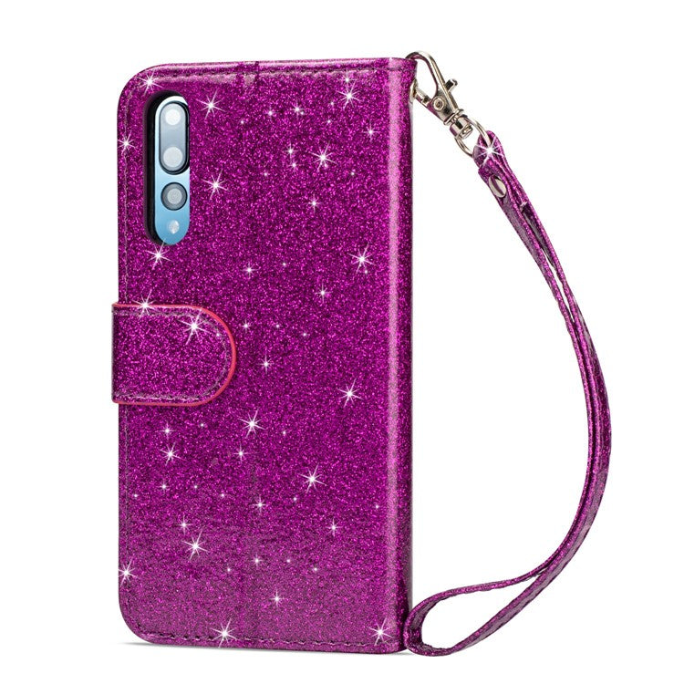 Flash Powder Zippered Stand Leather Wallet Protective Shell with Strap for Huawei P20 Pro - Purple