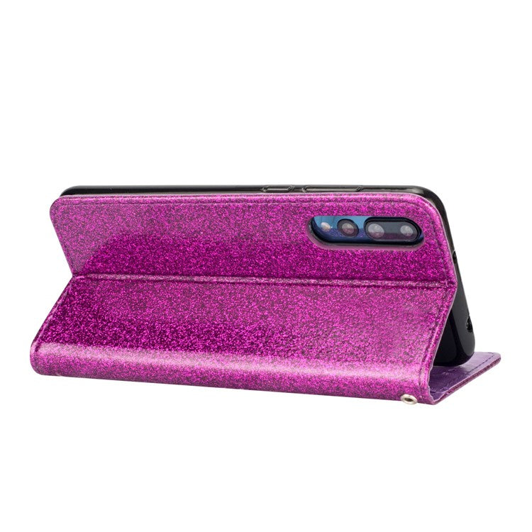 Flash Powder Zippered Stand Leather Wallet Protective Shell with Strap for Huawei P20 Pro - Purple