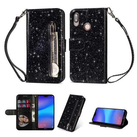 Flash Powder Zippered Stand Leather Wallet Case with Strap for Huawei P20 Lite / Nova 3e (China) - Black