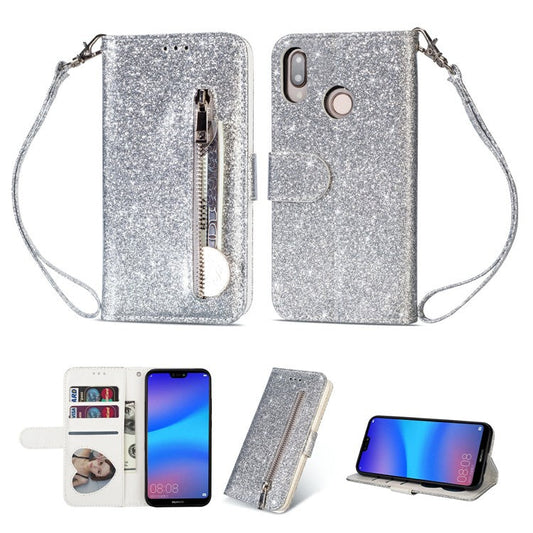 Flash Powder Zippered Stand Leather Wallet Cover with Strap for Huawei P20 Lite / Nova 3e (China) - Silver