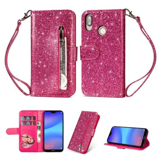 Flash Powder Zippered Stand Leather Wallet Shell with Strap for Huawei P20 Lite / Nova 3e (China) - Rose