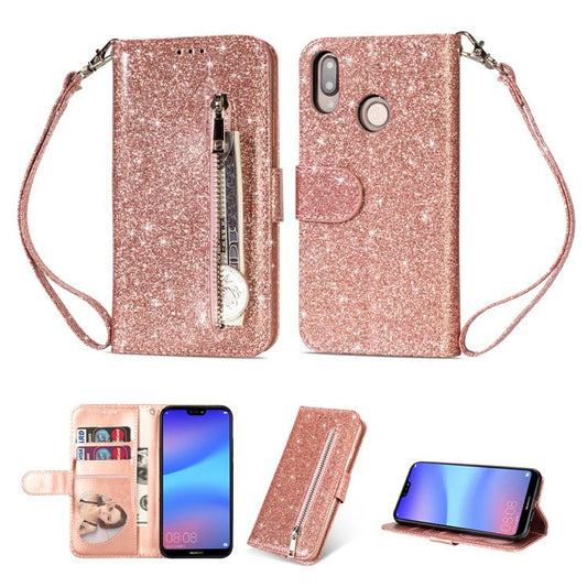 Flash Powder Zippered Stand Leather Wallet Casing with Strap for Huawei P20 Lite / Nova 3e (China) - Rose Gold