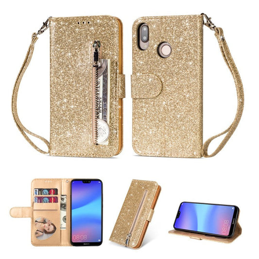Flash Powder Zippered Stand Leather Wallet Cell Phone Case with Strap for Huawei P20 Lite / Nova 3e (China) - Gold