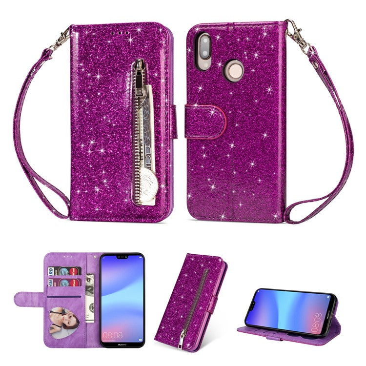 Flash Powder Zippered Stand Leather Wallet Cell Phone Cover with Strap for Huawei P20 Lite / Nova 3e (China) - Purple