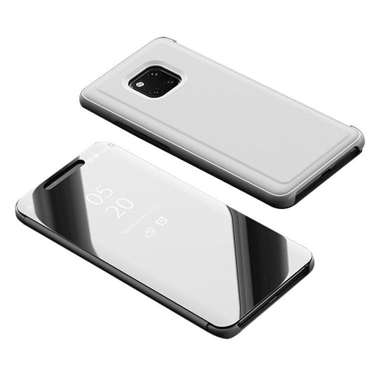 For Huawei Mate 20 Pro View Window Plated Mirror Surface Mobile Phone Leather Stand Case Fingerprint-Free - Silver
