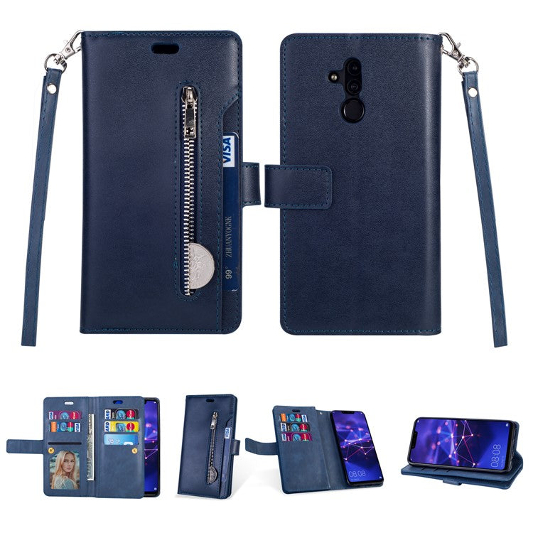 Zippered Leather Magnetic Stand Wallet TPU Accessory Case with Strap for Huawei Mate 20 Lite - Dark Blue