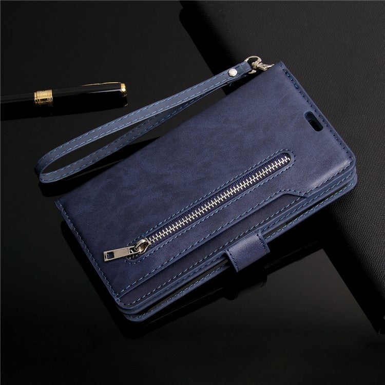 Zippered Leather Magnetic Stand Wallet TPU Accessory Case with Strap for Huawei Mate 20 Lite - Dark Blue