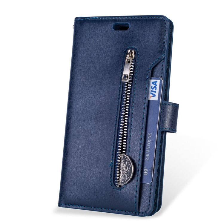 Zippered Leather Magnetic Stand Wallet TPU Accessory Case with Strap for Huawei Mate 20 Lite - Dark Blue