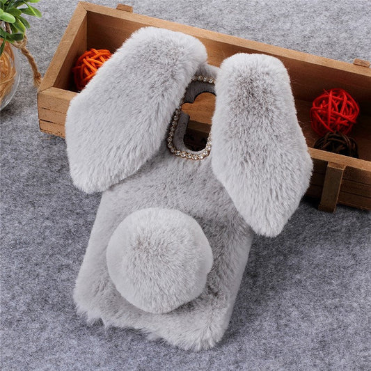 Rabbit Shape Fluffy Fur Coated Rhinestone TPU Shell for Huawei Mate 20 Lite - Light Grey