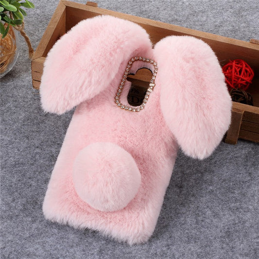 Rabbit Shape Fluffy Fur Coated Rhinestone TPU Casing Shell for Huawei Mate 20 Lite - Pink