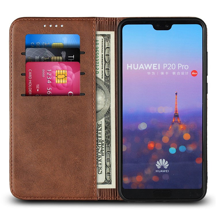Auto-absorbed Leather Wallet Mobile Phone Cover for Huawei P20 Pro Strong Magnet Phone Case - Coffee