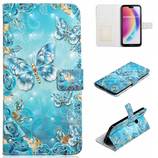 Embossing Pattern PU Leather Protective Mobile Phone Case for Huawei P20 Lite / Nova 3e (China) - Blue Butterfly