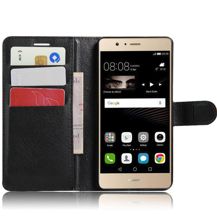 Litchi Grain Folio Flip Leather Wallet Case for Huawei P9 Lite - Black
