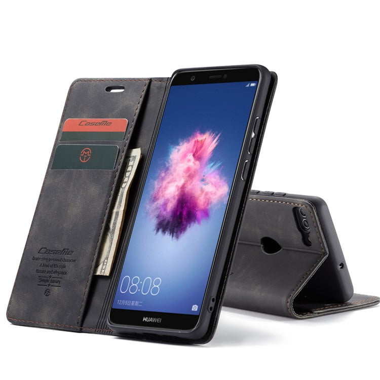 CASEME 013 Series Auto-absorbed PU Leather Wallet Stand Case for Huawei P Smart (2017) / Enjoy 7S - Black