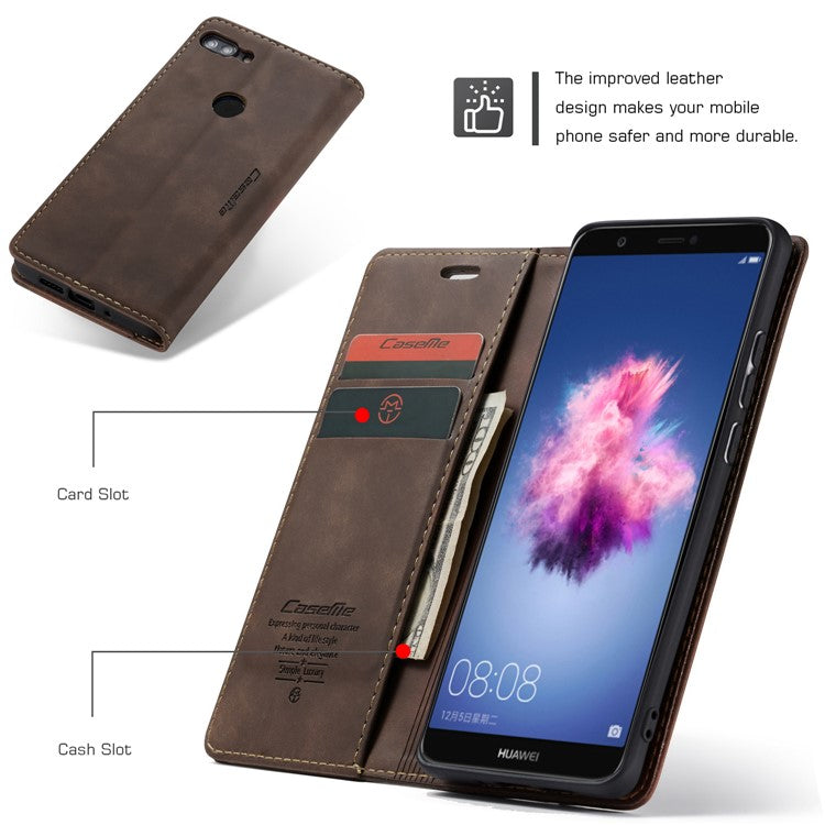 CASEME 013 Series Auto-absorbed PU Leather Wallet Stand Case for Huawei P Smart (2017) / Enjoy 7S - Dark Brown