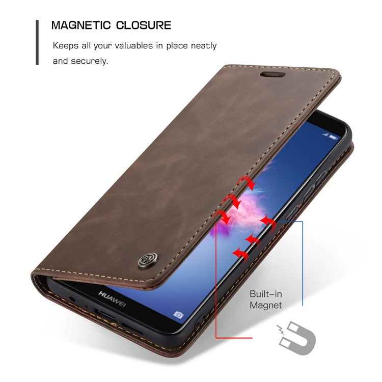 CASEME 013 Series Auto-absorbed PU Leather Wallet Stand Case for Huawei P Smart (2017) / Enjoy 7S - Dark Brown
