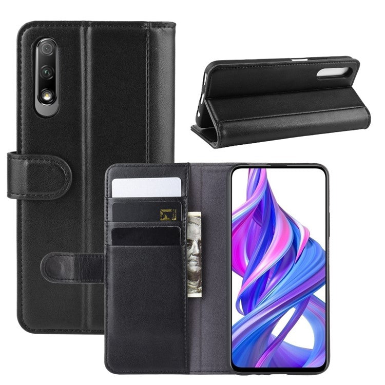 Genuine Split Leather Wallet Stand Cell Phone Cover for Huawei Honor 9X (For China) / 9X Pro - Black