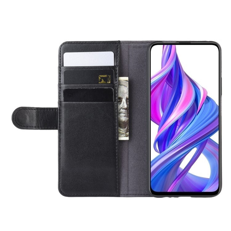 Genuine Split Leather Wallet Stand Cell Phone Cover for Huawei Honor 9X (For China) / 9X Pro - Black