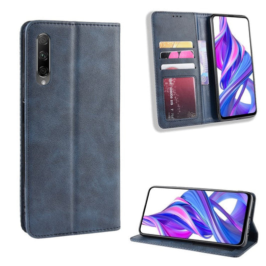 Vintage Style Leather Wallet Phone Shell for Huawei Honor 9X (For China)/9X Pro - Blue