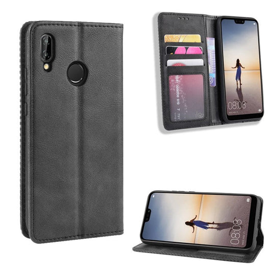 Vintage Style Magnetic Leather Wallet Protective Cell Phone Cover Case for Huawei P20 Lite (2018) / Nova 3e - Black