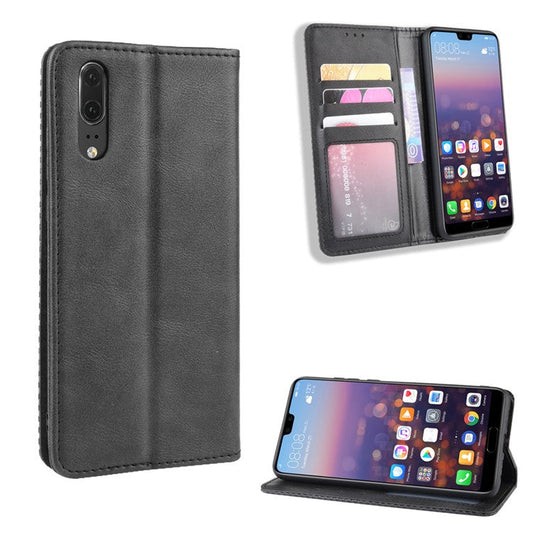 Retro PU Leather Wallet Stand Phone Cover Casing for Huawei P20 - Black