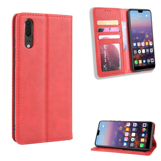 Retro PU Leather Wallet Stand Phone Cover Casing for Huawei P20 - Red