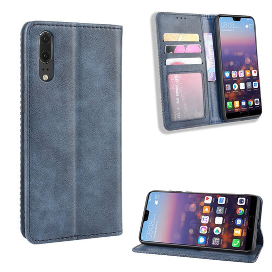 Retro PU Leather Wallet Stand Phone Cover Casing for Huawei P20 - Blue